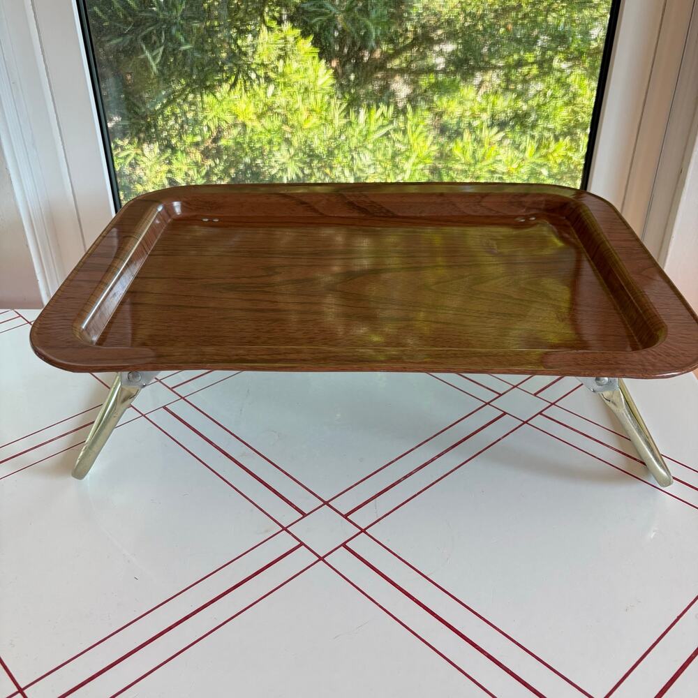 Vintage Faux Bois Metal Folding Lap Tray Gold Tone Legs MCM